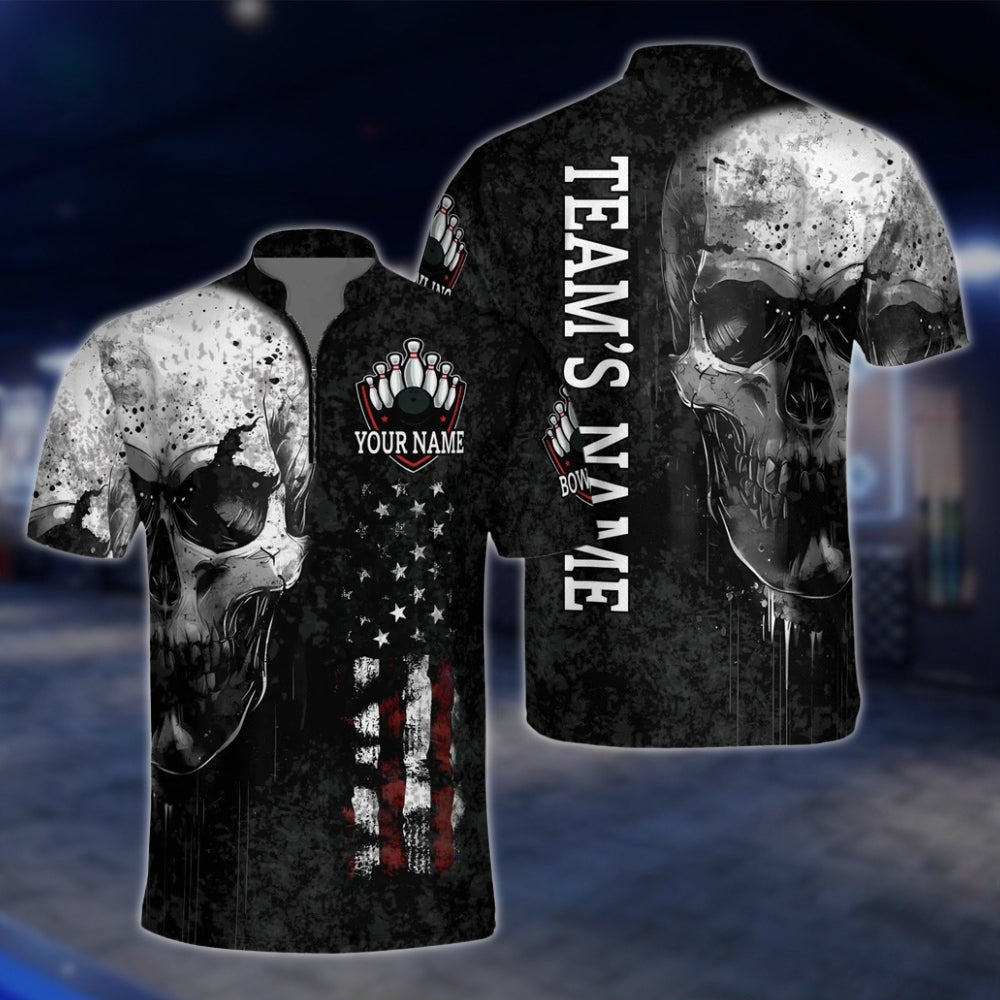 Skeleton Custom Mens Black Grey Bowling Jersey, Custom Skull Bowling Shirts For Team BZ0143