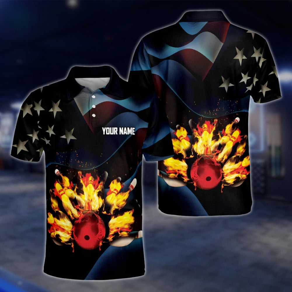 Custom USA Flag Flame Bowling Polo Shirt For Mens, Custom Name Patriotic Bowling Shirts BO0085