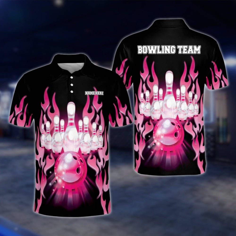 Custom Flame Red Black Bowling Polo Shirt For Mens, Custom Flame Bowling Shirts Team BM0020