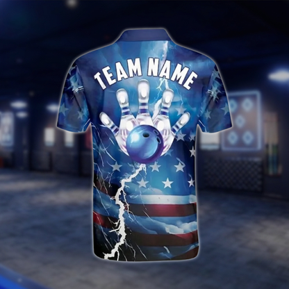 Custom USA Flag Blue Bowling Polo Shirts For Men, Custom Patriotic Bowling Team Shirts BO0380