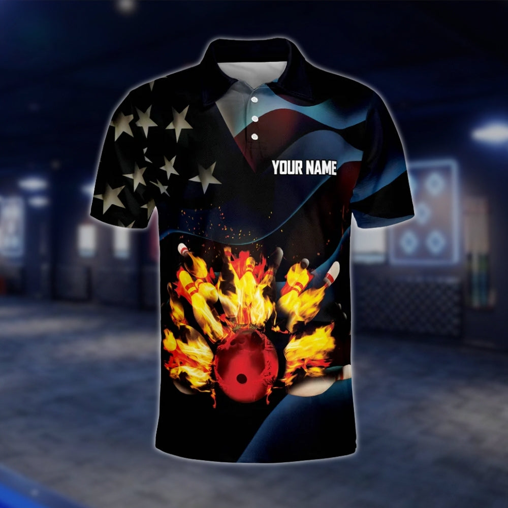 Custom USA Flag Flame Bowling Polo Shirt For Mens, Custom Name Patriotic Bowling Shirts BO0085