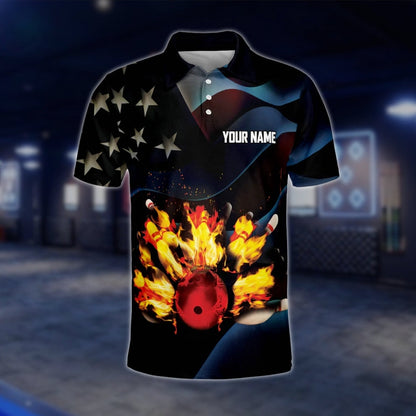 Custom USA Flag Flame Bowling Polo Shirt For Mens, Custom Name Patriotic Bowling Shirts BO0085