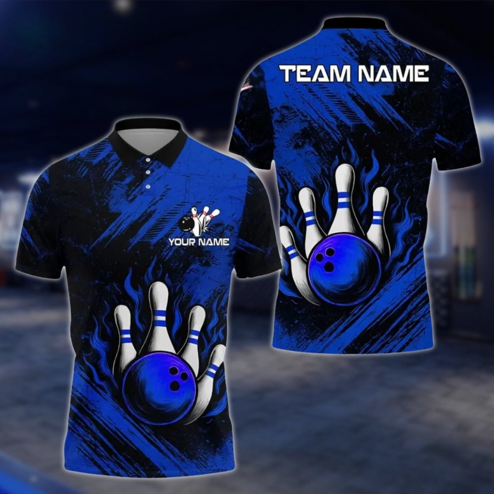 Custom Team Black And Blue Bowling Polo Shirt For Mens, Custom Bowling Shirts BE0118
