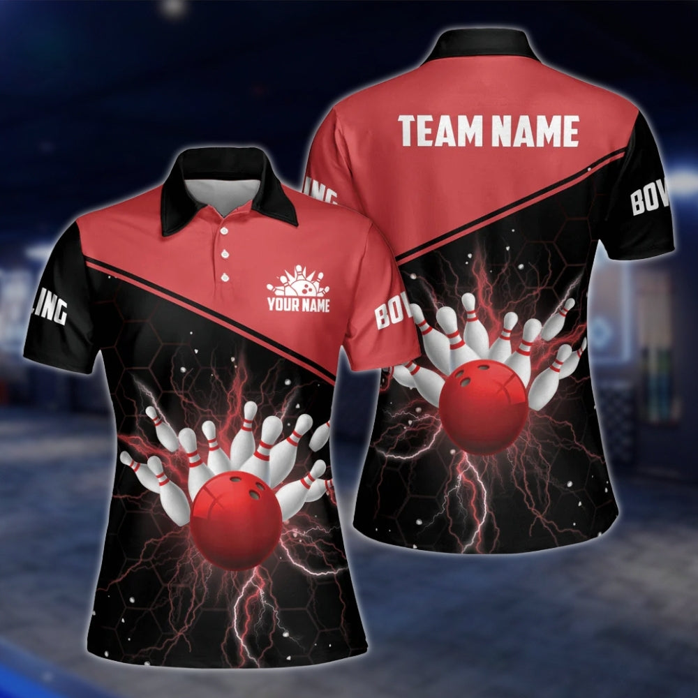 Custom Thunder Red Bowling Womens Polo Shirt, Custom Thunder Team Bowling Shirts For Ladies BW0149