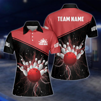 Custom Thunder Red Bowling Womens Polo Shirt, Custom Thunder Team Bowling Shirts For Ladies BW0149