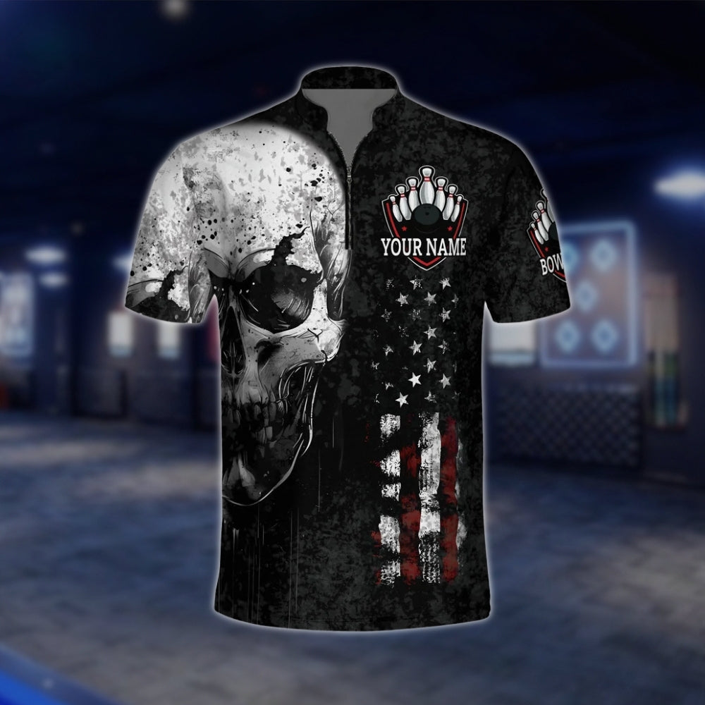 Skeleton Custom Mens Black Grey Bowling Jersey, Custom Skull Bowling Shirts For Team BZ0143