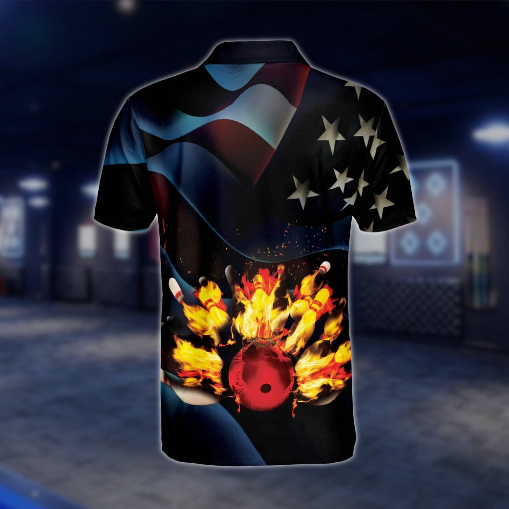 Custom USA Flag Flame Bowling Polo Shirt For Mens, Custom Name Patriotic Bowling Shirts BO0085