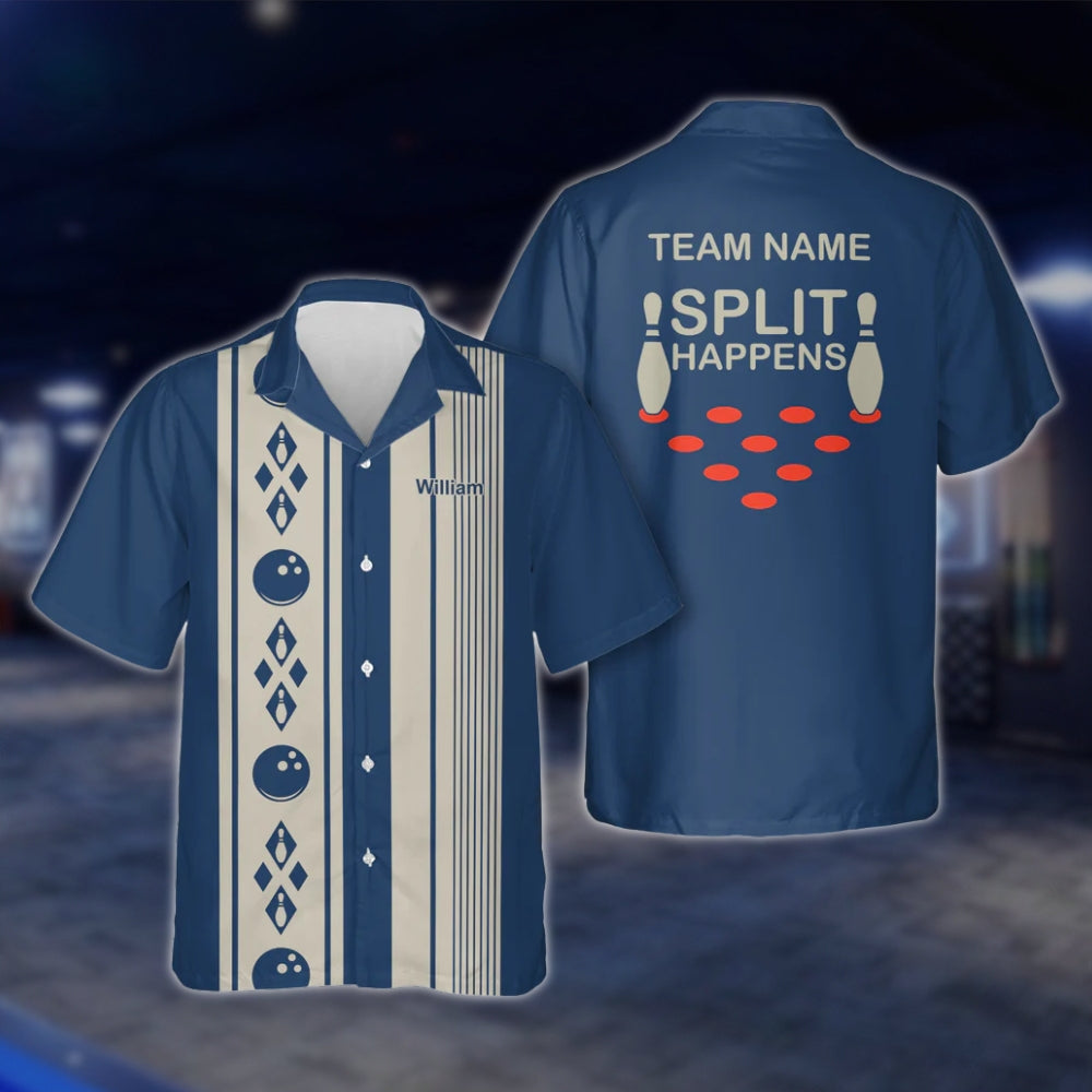 Split Happens Custom Vintage Blue Bowling Hawaiian Shirt For Men Women, Custom Funny Bowling Team Shirts BZ0113