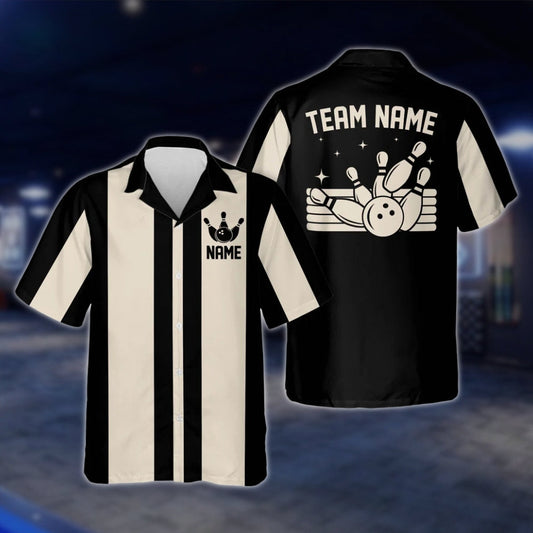 Custom Vintage Bowling Hawaiian Shirt For Men And Women, Black And Beige Custom Vintage Bowling Team Shirts BE0005