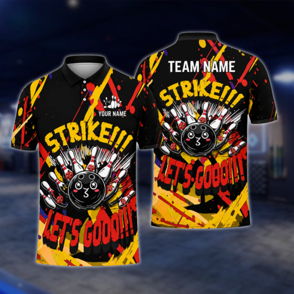 Strike Let's Go Custom Graffiti Red Yellow Bowling Polo Shirt Mens, Custom Funny Bowling Team Shirts BZ0477