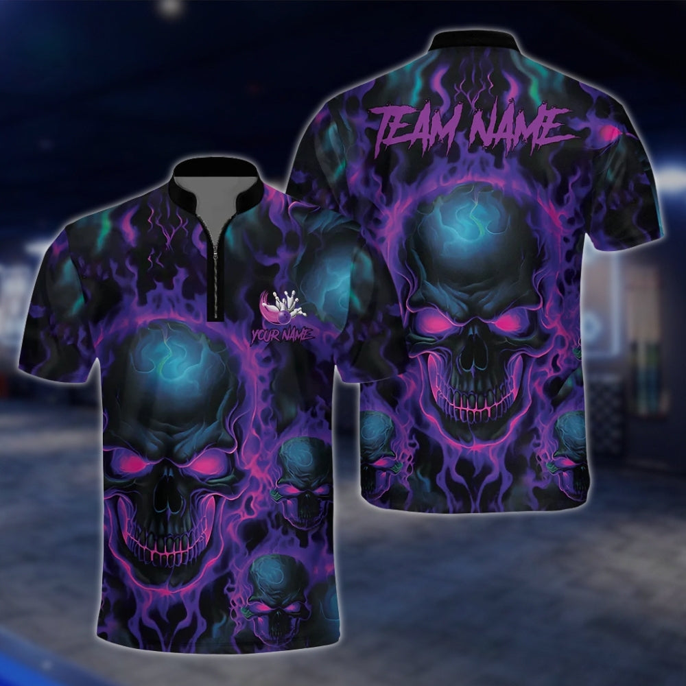 Custom Skull Neon Purple Bowling Jersey For Mens, Custom Skeleton Bowling Team Shirts BZ0142