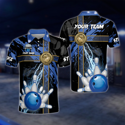 Custom Thunder Blue Black Polo Bowling Team Shirts For Men, Custom Team Bowling Shirts BM0293