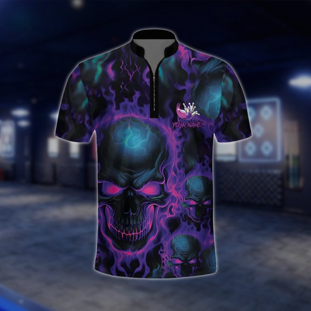 Custom Skull Neon Purple Bowling Jersey For Mens, Custom Skeleton Bowling Team Shirts BZ0142