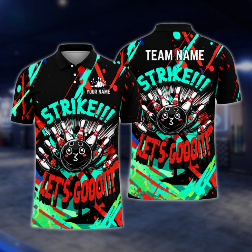 Strike Let's Go Custom Graffiti Red Yellow Bowling Polo Shirt Mens, Custom Funny Bowling Team Shirts BZ0477