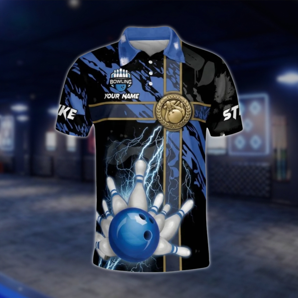 Custom Thunder Blue Black Polo Bowling Team Shirts For Men, Custom Team Bowling Shirts BM0293