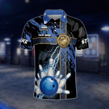 Custom Thunder Blue Black Polo Bowling Team Shirts For Men, Custom Team Bowling Shirts BM0293