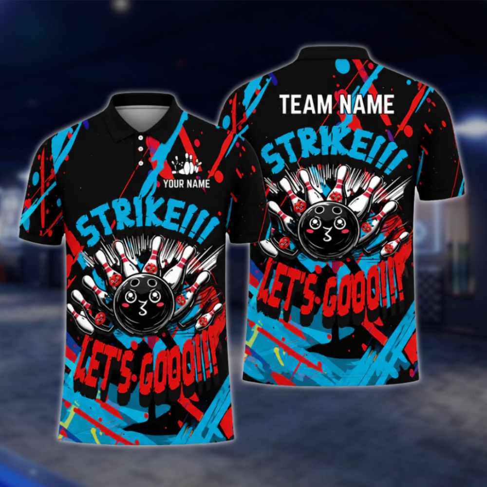 Strike Let's Go Custom Graffiti Red Yellow Bowling Polo Shirt Mens, Custom Funny Bowling Team Shirts BZ0477