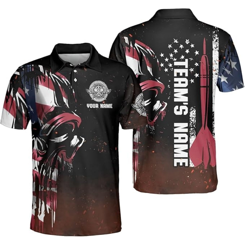 Skull American Flag Men Personalized Darts Button Polo