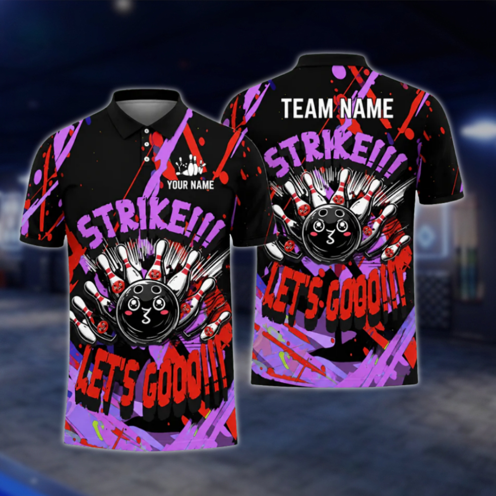 Strike Let's Go Custom Graffiti Red Yellow Bowling Polo Shirt Mens, Custom Funny Bowling Team Shirts BZ0477
