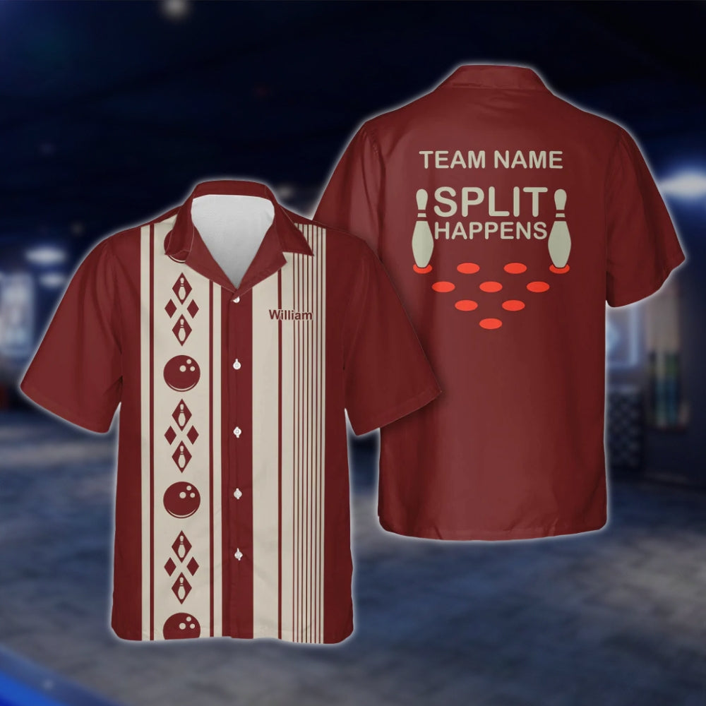 Split Happens Custom Vintage Blue Bowling Hawaiian Shirt For Men Women, Custom Funny Bowling Team Shirts BZ0113