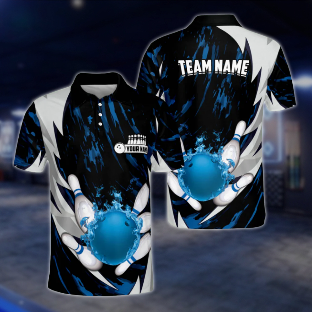 Custom Blue Flame Ball Mens Polo Bowling Team Shirts, Custom Flame Bowling Shirts For Team BZ0043