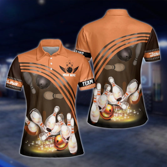 Custon Team Orange Black Womens Bowling Polo Shirt, Custom Bowling Shirt For Ladies BZ0261