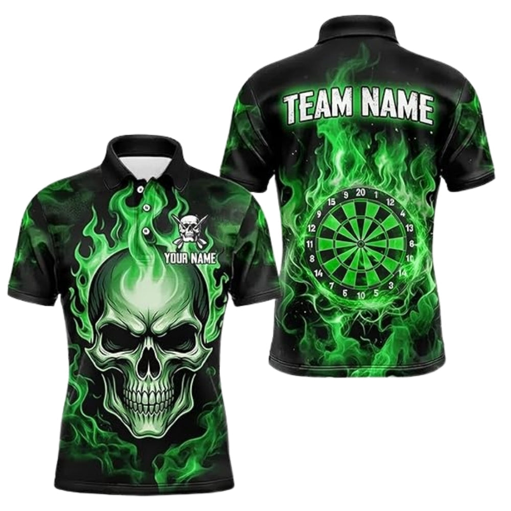 Skull Green Flame Personalized Darts Button Polo