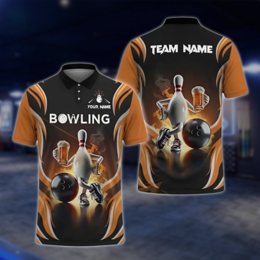 Pins And Beer Custom Mens Bowling Polo Shirt, Custom Beer Bowling Polo Shirts BZ0478