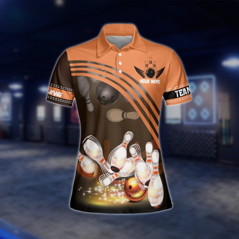 Custon Team Orange Black Womens Bowling Polo Shirt, Custom Bowling Shirt For Ladies BZ0261