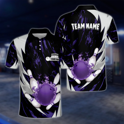 Custom Blue Flame Ball Mens Polo Bowling Team Shirts, Custom Flame Bowling Shirts For Team BZ0043