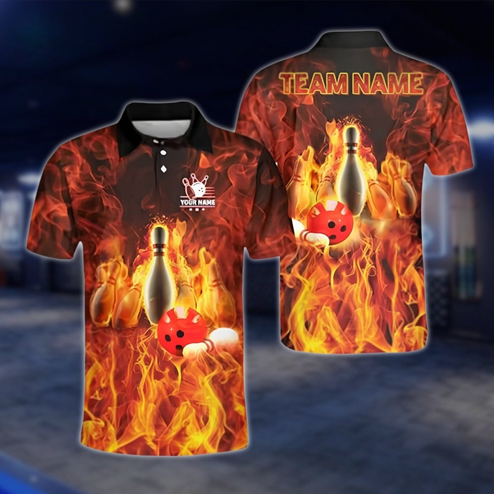 Custom Fire Pin And Ball Bowling Polo Shirts For Mens, Custom Flame Team Bowling Shirts BZ0132