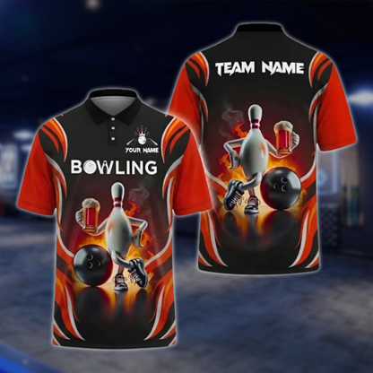 Pins And Beer Custom Mens Bowling Polo Shirt, Custom Beer Bowling Polo Shirts BZ0478