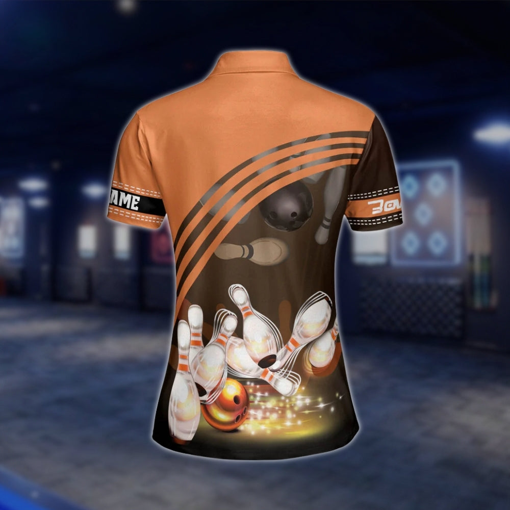 Custon Team Orange Black Womens Bowling Polo Shirt, Custom Bowling Shirt For Ladies BZ0261