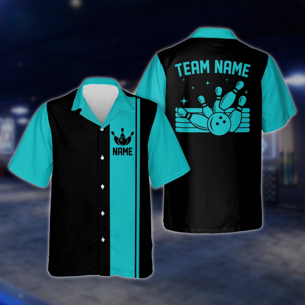 Custom Teal Blue Neon Vintage Bowling Hawaiian Shirt Men Women, Custom Vintage Bowling Shirts For Team BE0007