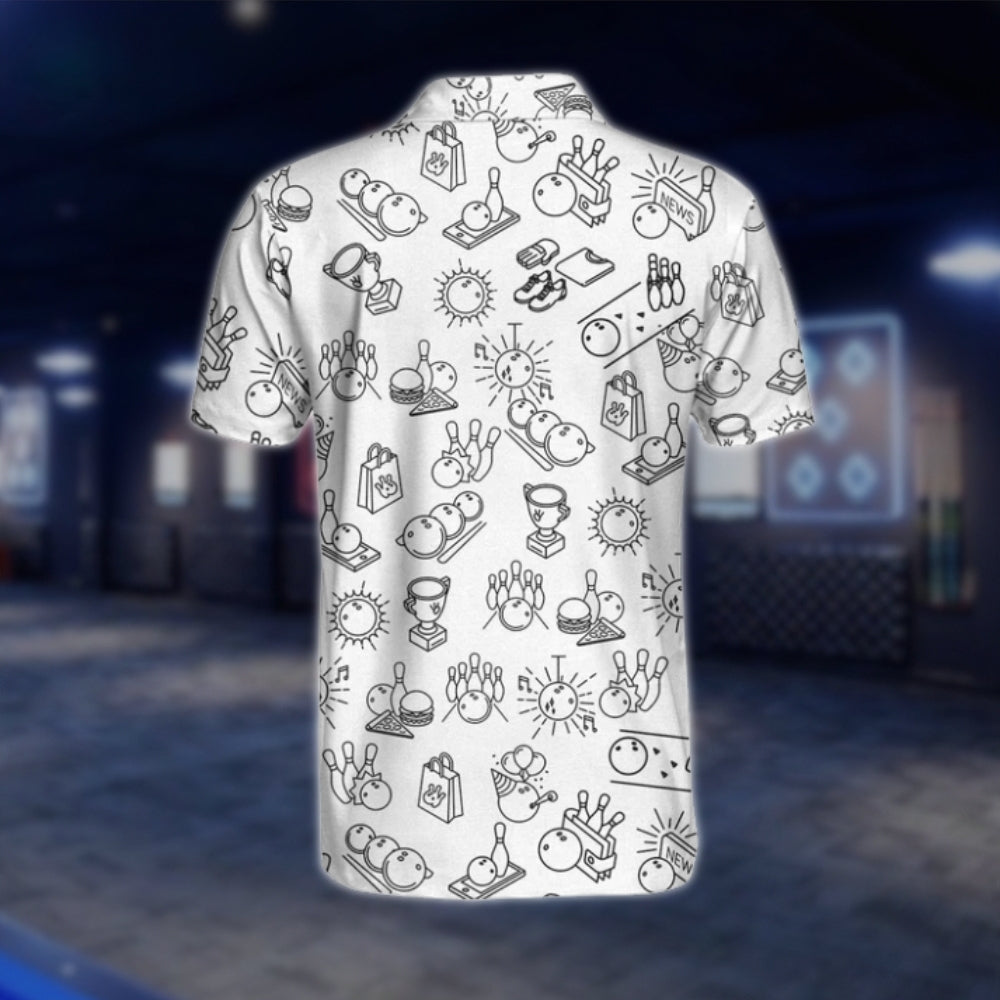 Bowling Pattern White Black Bowling Polo Shirt For Men, Men's Bowling Shirts BO0286