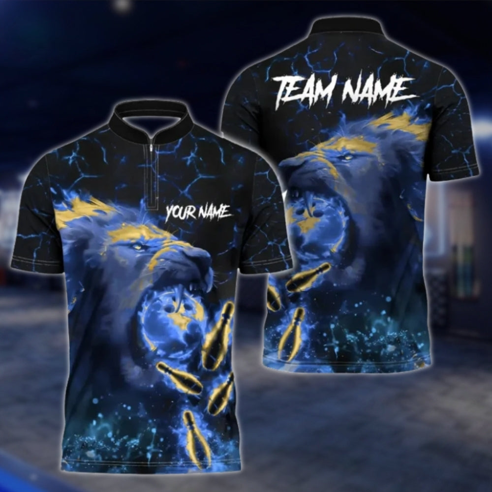Personalized Lion Flame Blue Bowling Polo Shirt For Men, Custom Lion Bowling Shirt For Team BZ0731