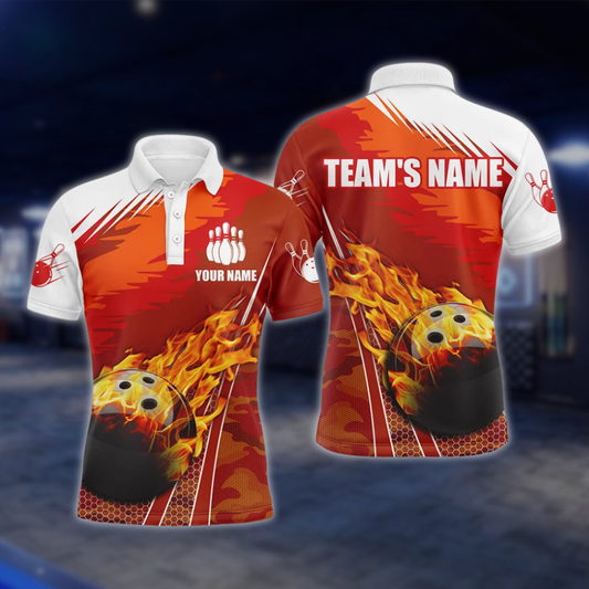 Personalized Flame Orange White Bowling Polo Shirt Mens, Custom Flame Bowling Team Shirts BZ0735
