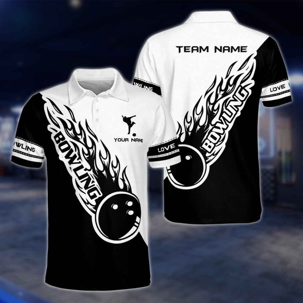 Personalized Blue Black Flame Ball Polo Bowling Team Shirts Men, Custom Team Flame Bowling Shirts BZ0224