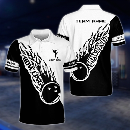 Personalized Blue Black Flame Ball Polo Bowling Team Shirts Men, Custom Team Flame Bowling Shirts BZ0224