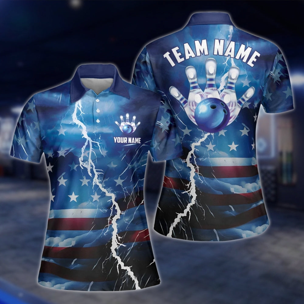 Womens Custom Amercian Flag Thunder Bowling Polo Shirt, Custom Patriotic Bowling Team Shirts For Ladies BW0122