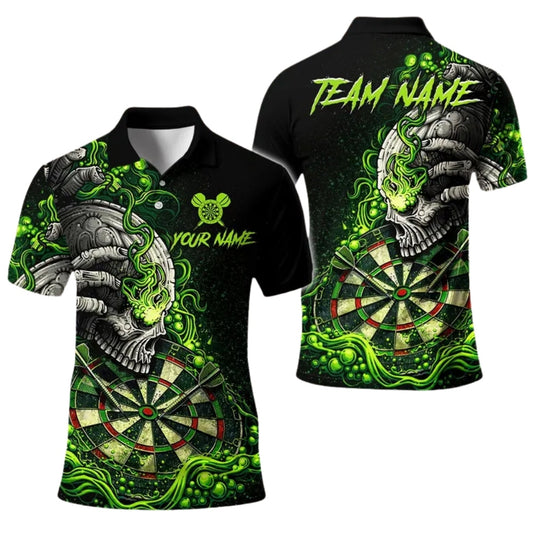 Skull Flaming Black and Green Men's Personalized Darts Button Polo