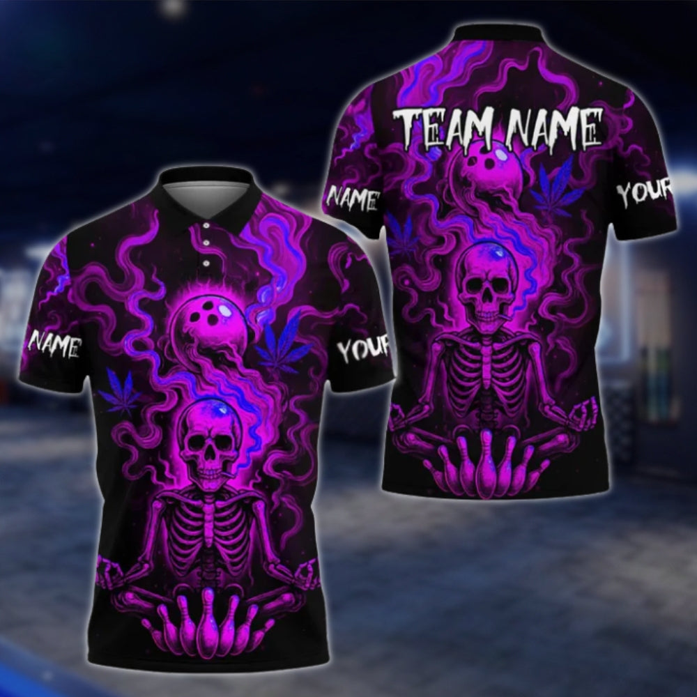 Custom Skeleton Flaming Green Bowling Polo Shirt For Mens, Custom Team Skull Bowling Shirts BE0192