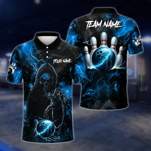Custom Black And Blue Skull Bowling Polo Shirts Men, Custom Skull Bowling Shirts Team BZ0467
