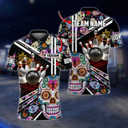 Sugar Skull Custom Mens Bowling Polo Shirt, Custom Skull Day Of The Dead Bowling Team Shirts BO0337