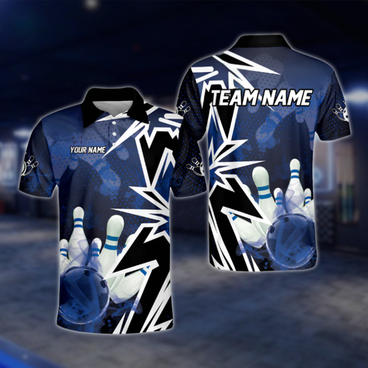 Custom Blue Black Polo Bowling Team Shirts For Men, Custom Team Bowling Shirts BO0357