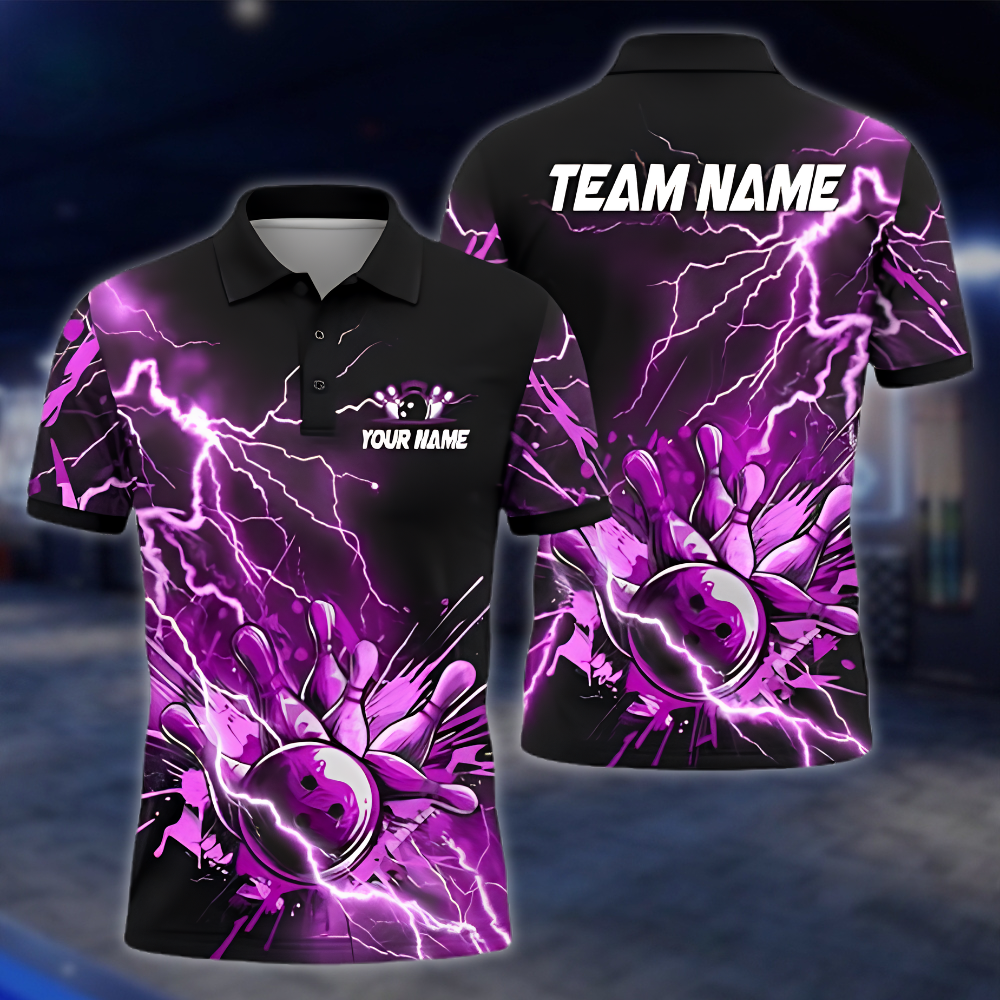 Personalized Purple Thunder Bowling Polo Shirt For Men, Custom Thunder Bowling Team Shirt BZ0876