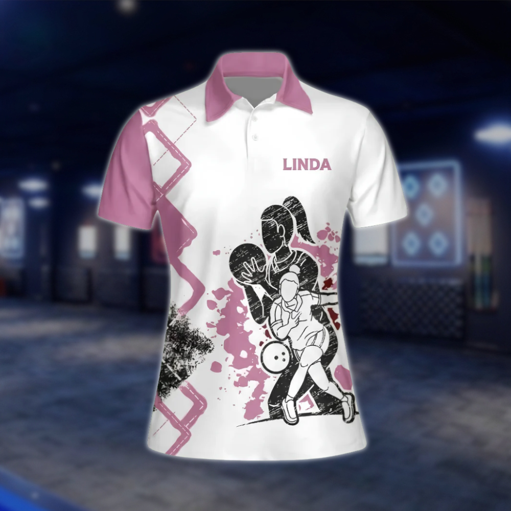 Never Underestimate An Old Women With A Bowling Ball Custom Name Bowling Polo Shirt, Custom Funny Bowling Shirt For Ladies White Pink BW0026