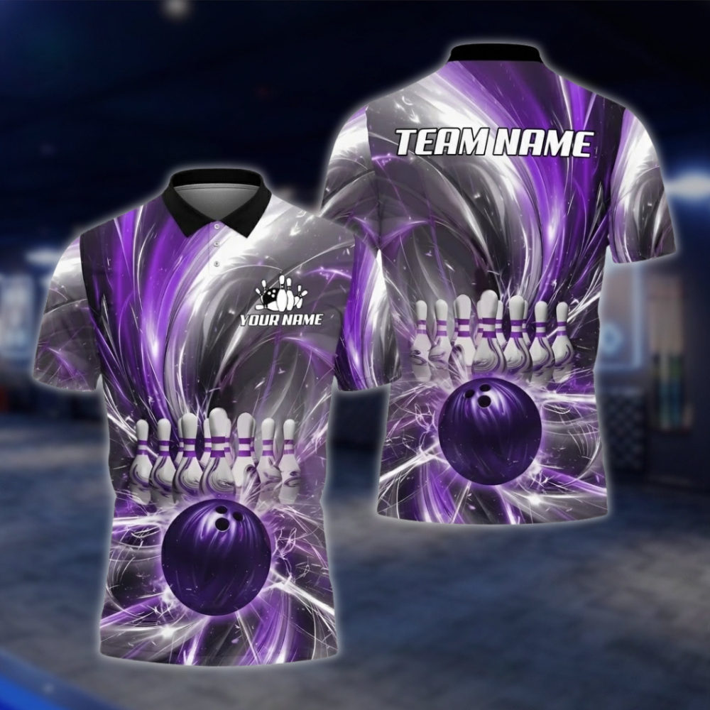 Personalized Lightning Purple Polo Bowling Team Shirts Men, Custom Team Bowling Shirt BZ0754
