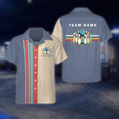 Personalized Retro Black Beige Bowling Hawaiian Shirt, Custom Retro Team Bowling Shirt BE0251