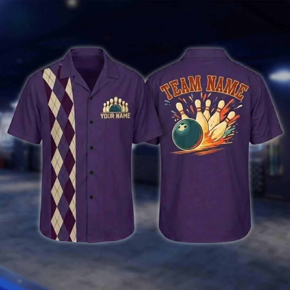 Personalized Argyle Navy Retro Bowling Hawaiian Shirt For Men, Custom Retro Bowling Shirt For Team BZ0797